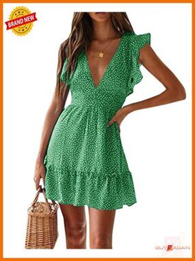 V Neck Ruffle Flutter Sleeve Polka Dot Mini Dress Summer Boho